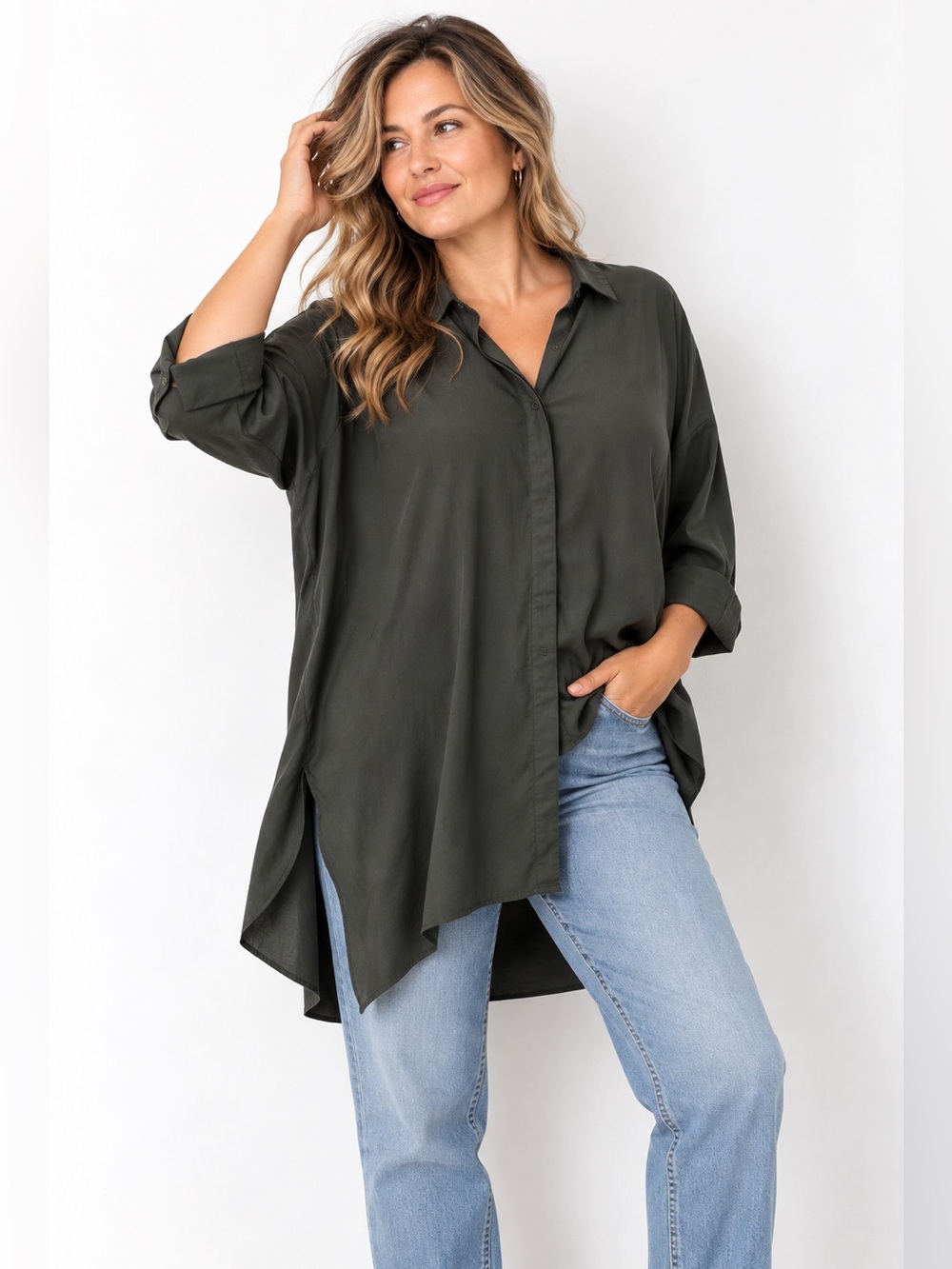 COS Olive Grey Relaxed Button-Front Tunic Shirt size 8